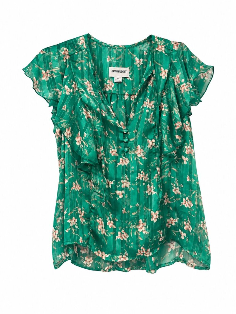 Sabina Musayev Green Floral Ruffle Metallic Stripe Top Size M